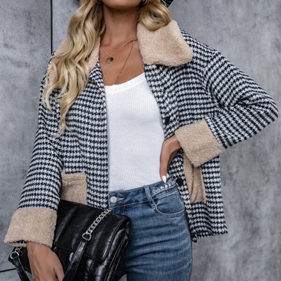 Houndstooth Vegan Shearling Button Up Oversized Jacket Coat - Picture 2 of 5